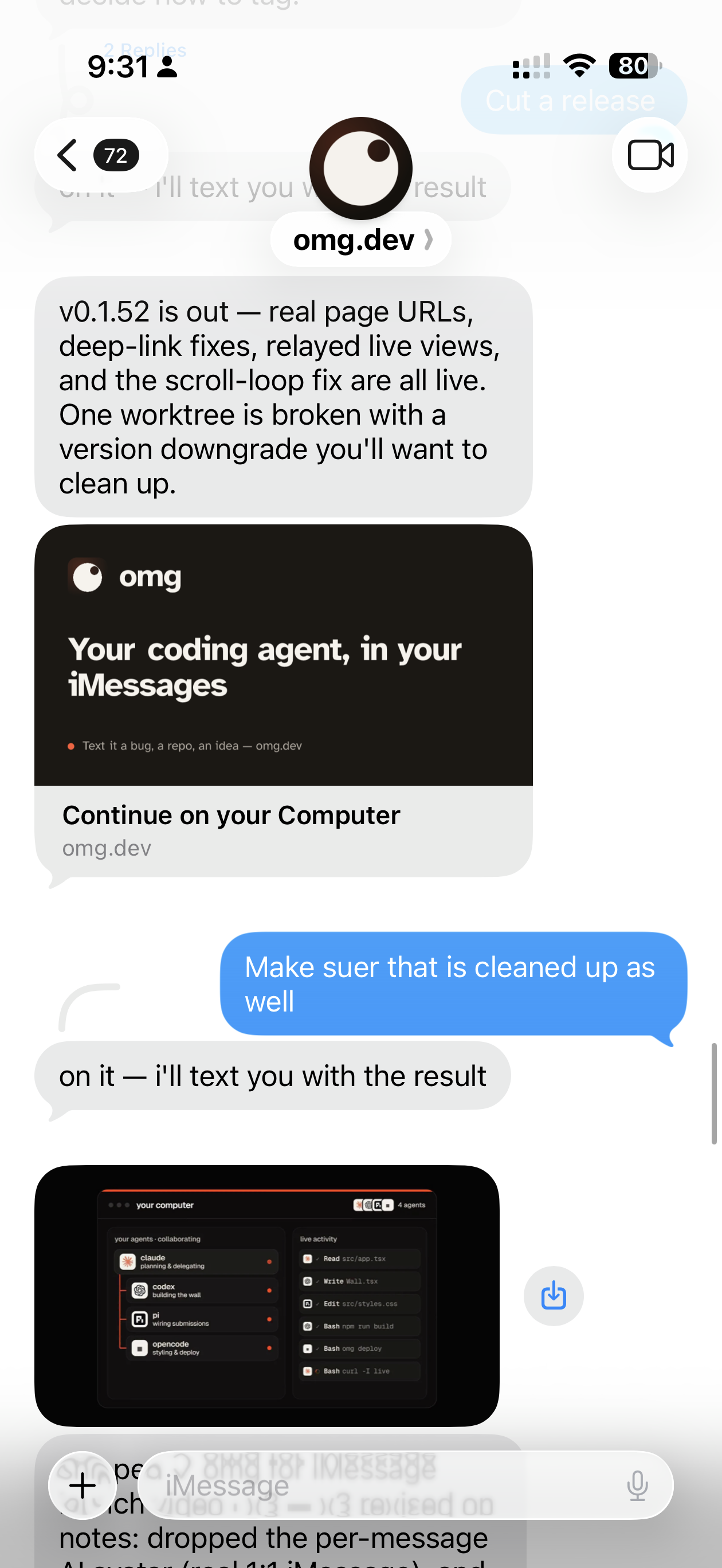 omg.dev coding agents collaborating on your computer over iMessage