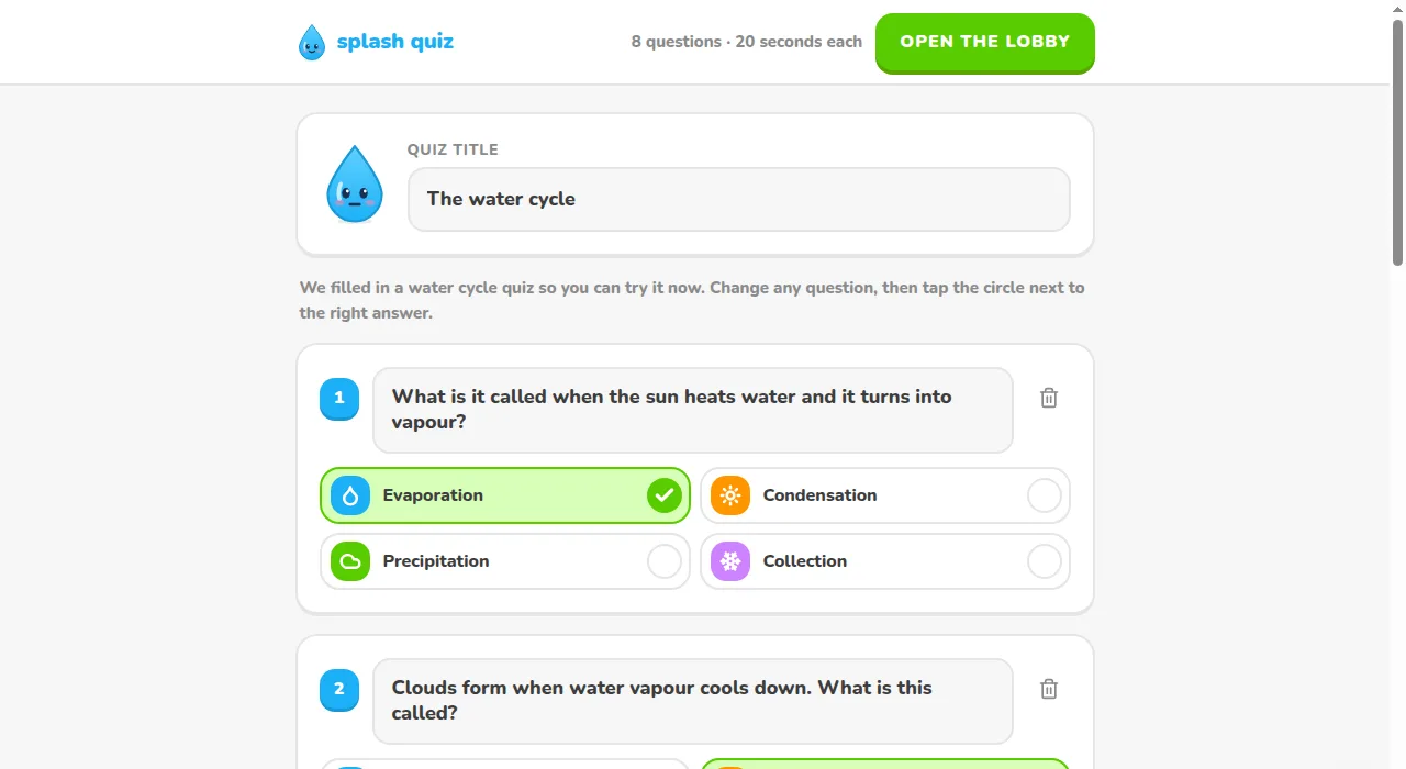 The quiz editor: questions with four coloured answers each, the right one ticked in green.
