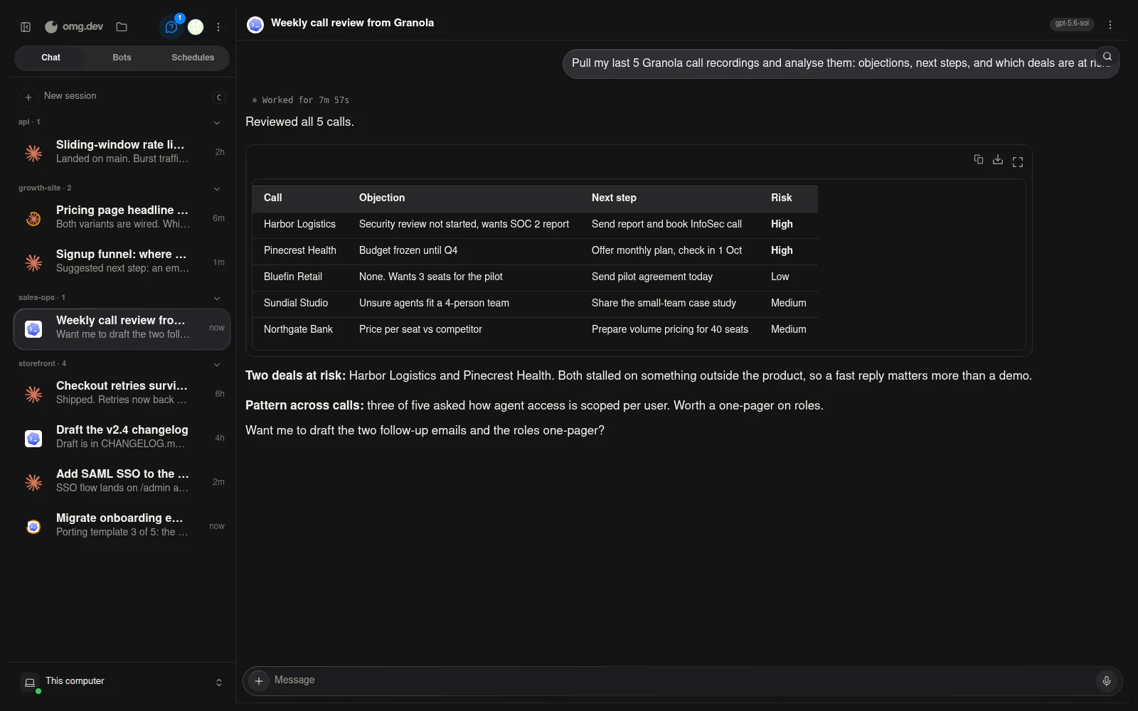 omg.dev on the web in dark mode: the session list on the left and a call review session with a table of deals on the right