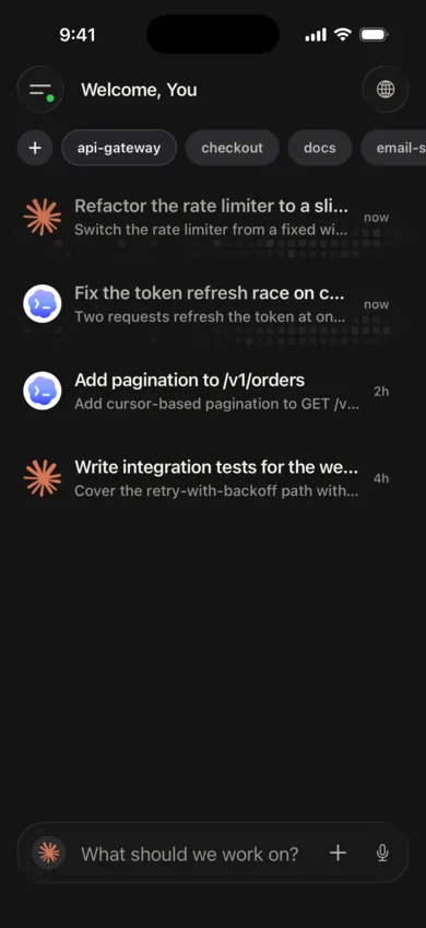 The omg.dev app home screen: four agent sessions in one repository, each with the agent that runs it and when it last reported