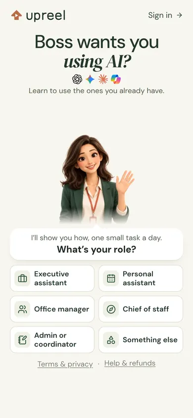 Upreel on a phone: a friendly guide asks which job you do, with six role buttons