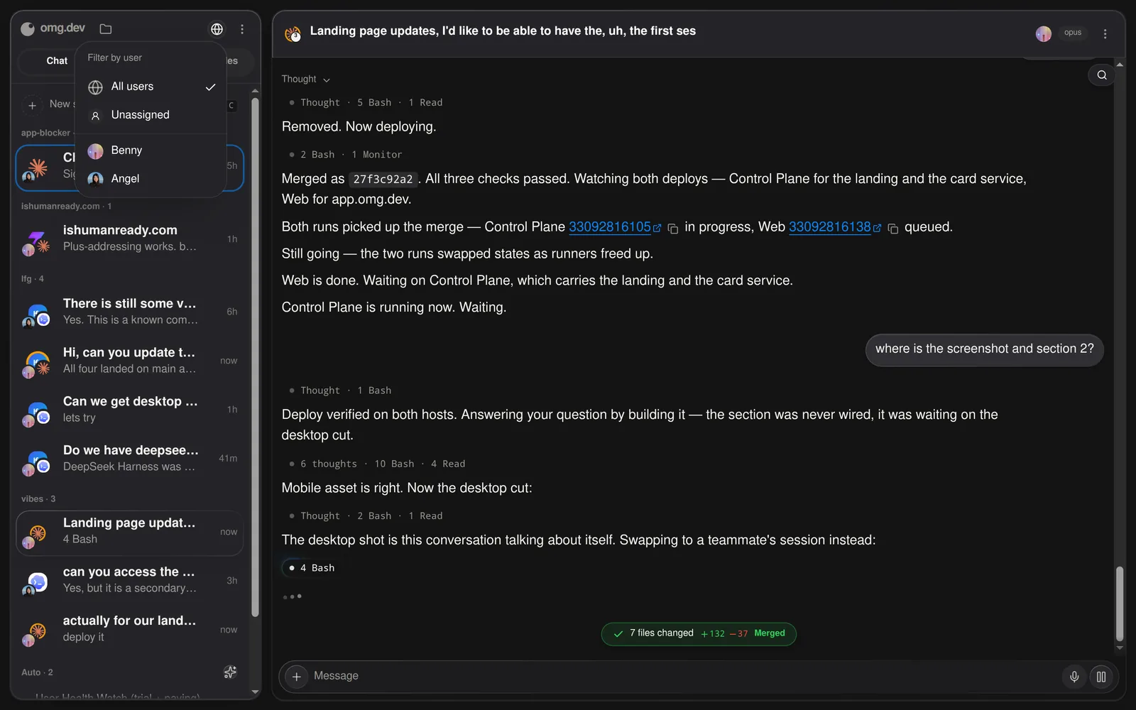 The omg.dev session list on a shared machine, with the user filter open: All users, Unassigned, Benny and Angel, and each session row carrying the avatar of the person who started it