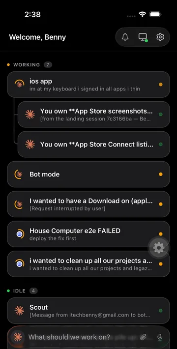 The omg.dev iPhone app: coding-agent sessions grouped into Working and Idle, each row marked with the agent running it, and a box at the bottom asking what to work on next