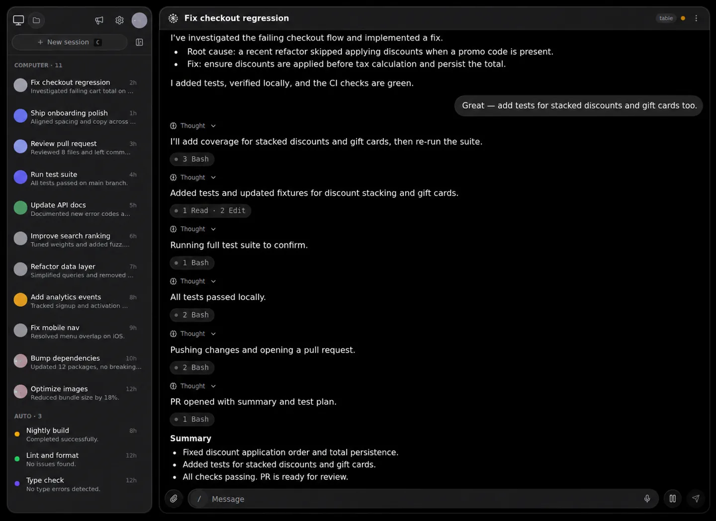 The omg.dev desktop dashboard: a sidebar listing eleven Computer sessions and three Auto agents, beside an open session where an agent fixes a checkout regression and reports the tests it ran