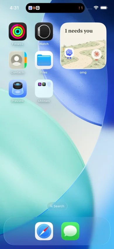 The omg.dev home-screen widget: a garden of agent characters with a one-needs-you summary, and the agents in the Dynamic Island