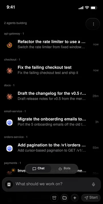 The omg.dev app on a phone: coding-agent sessions grouped by repository, each row marked with the agent running it and how long ago it reported
