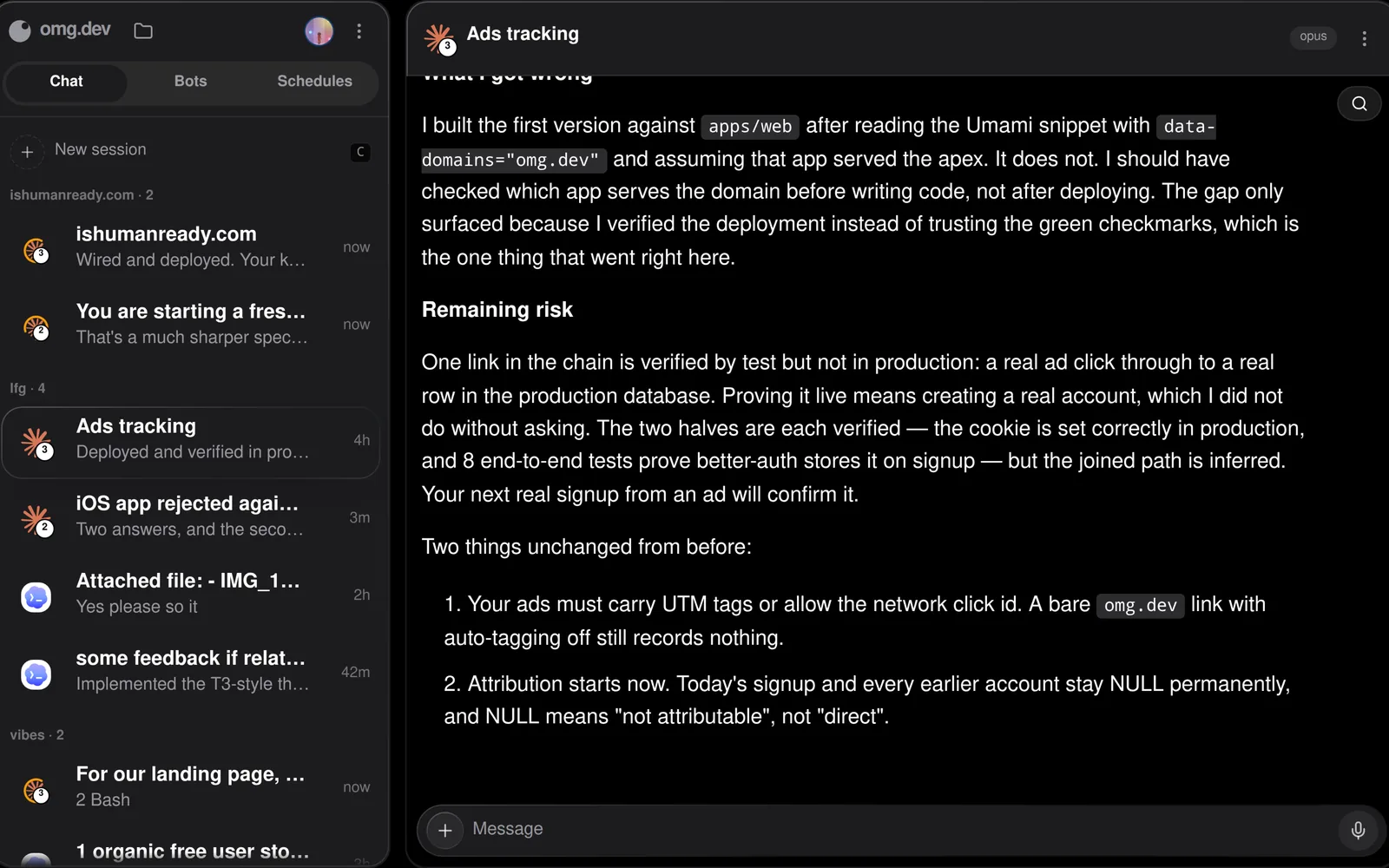 The omg.dev chat surface: a coding session where the agent tunes a scroll animation, reports the new settle time, and attaches a two-file diff