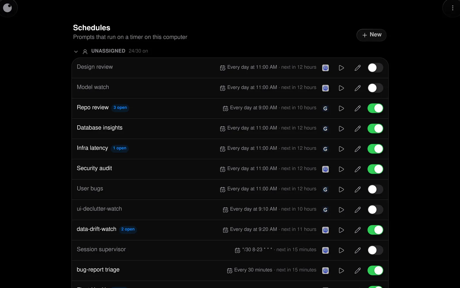 The omg.dev schedules screen: routines such as Design review, Repo review, Database insights, Security audit and Fleet Health, each with its cron and an on switch