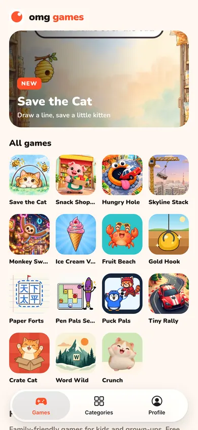 omg games on a phone: a featured game banner above a grid of game icons
