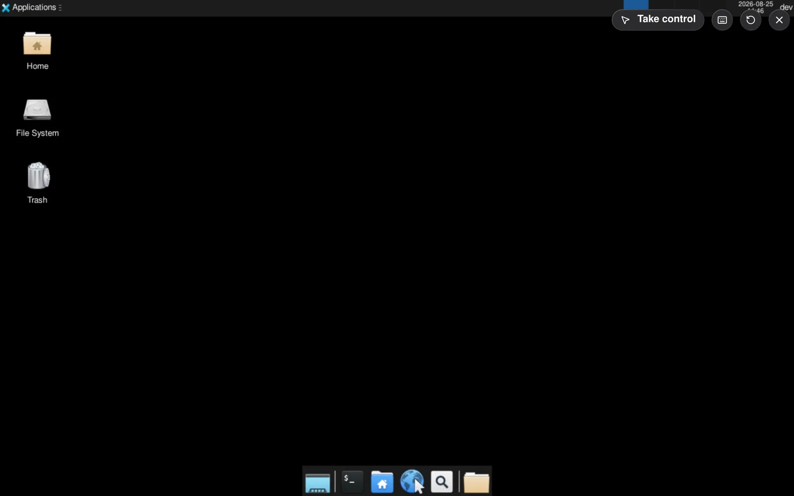 The omg.dev Computer surface: a Linux desktop streamed into the browser with a Take control button in the corner